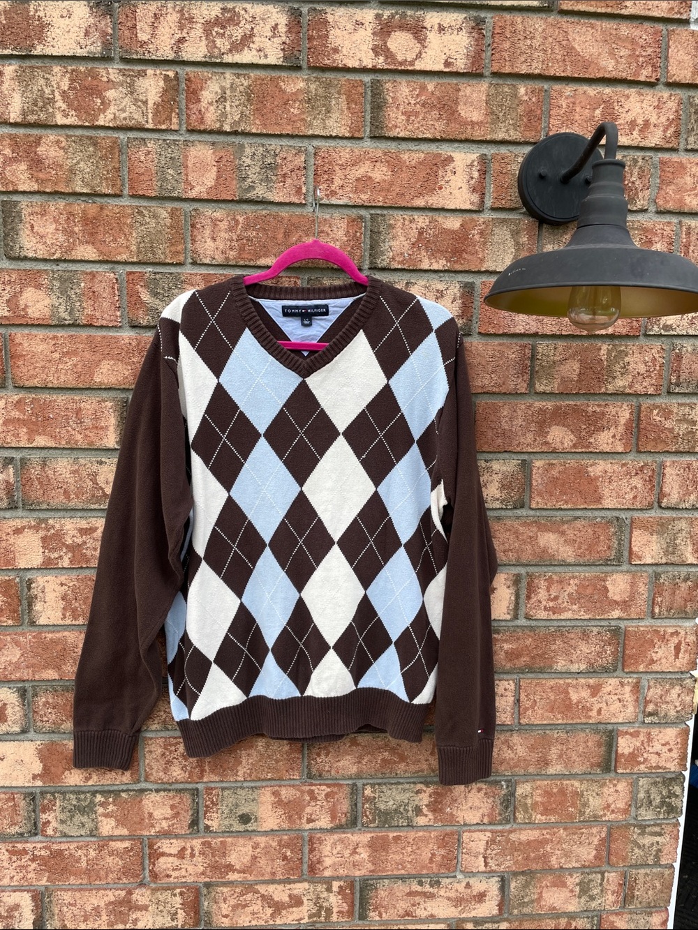 Tommy Hilfiger Brown, Light Blue & White Argyle V-Neck Sweater